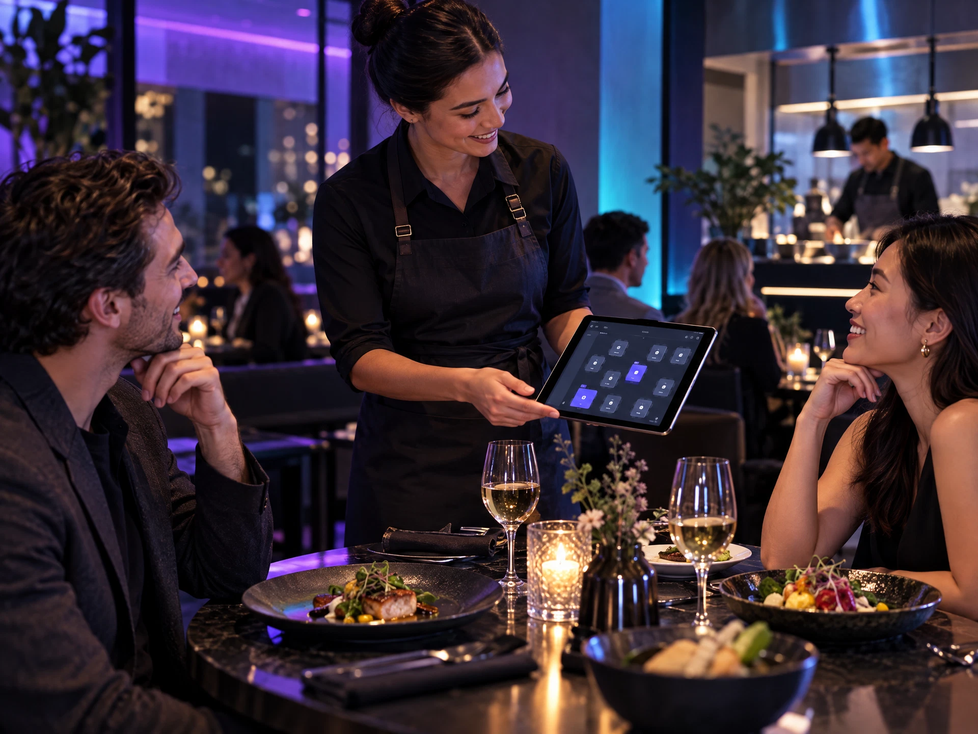Mesa de restaurante contemporâneo com tablet de reservas